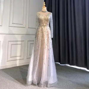 Gold A-Line Evening Dress 2025 - High Neck, Muslim Luxury Beaded Long Arm Gown for Women's Party