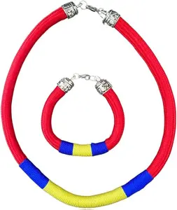 Fairtrade WAYUU Colombian Artisan Handcrafted Red Necklace & Bracelet Set Medium Vibrant Tri-Color Pattern Durable High-Quality Materials Unique Craftsmanship