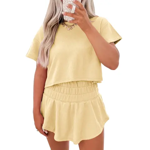 Miduo Women's Summer 2 Piece Matching Set Cute Short Sleeve Cropped Top & High Waist Mini Skort Basic Summer Outfit for Daily Casual Wear Womenswear Clothes