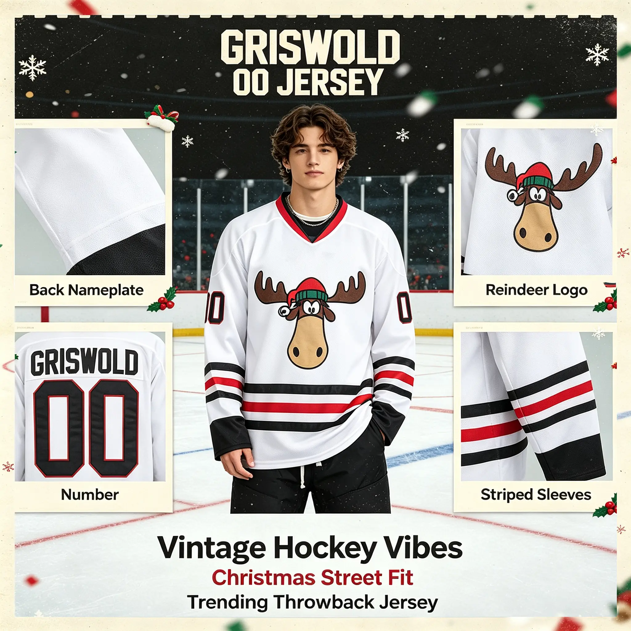Men's Griswold 00 Ice Hockey Jersey, Striped Mesh Holiday Costume with Stitched Moose Graphic, Long Sleeves and Oversized Fit for Male Christmas Parties