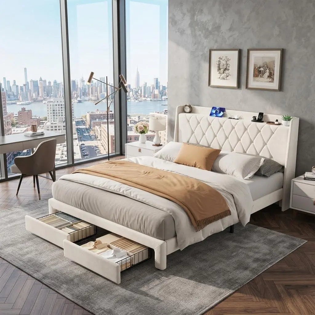 Full velvet bed frame with 2 storage drawers & charging station | Crystal tufted headboard for guest rooms. Features AC outlets, USB ports, and quiet wooden slats. Supports 1000 lbs.