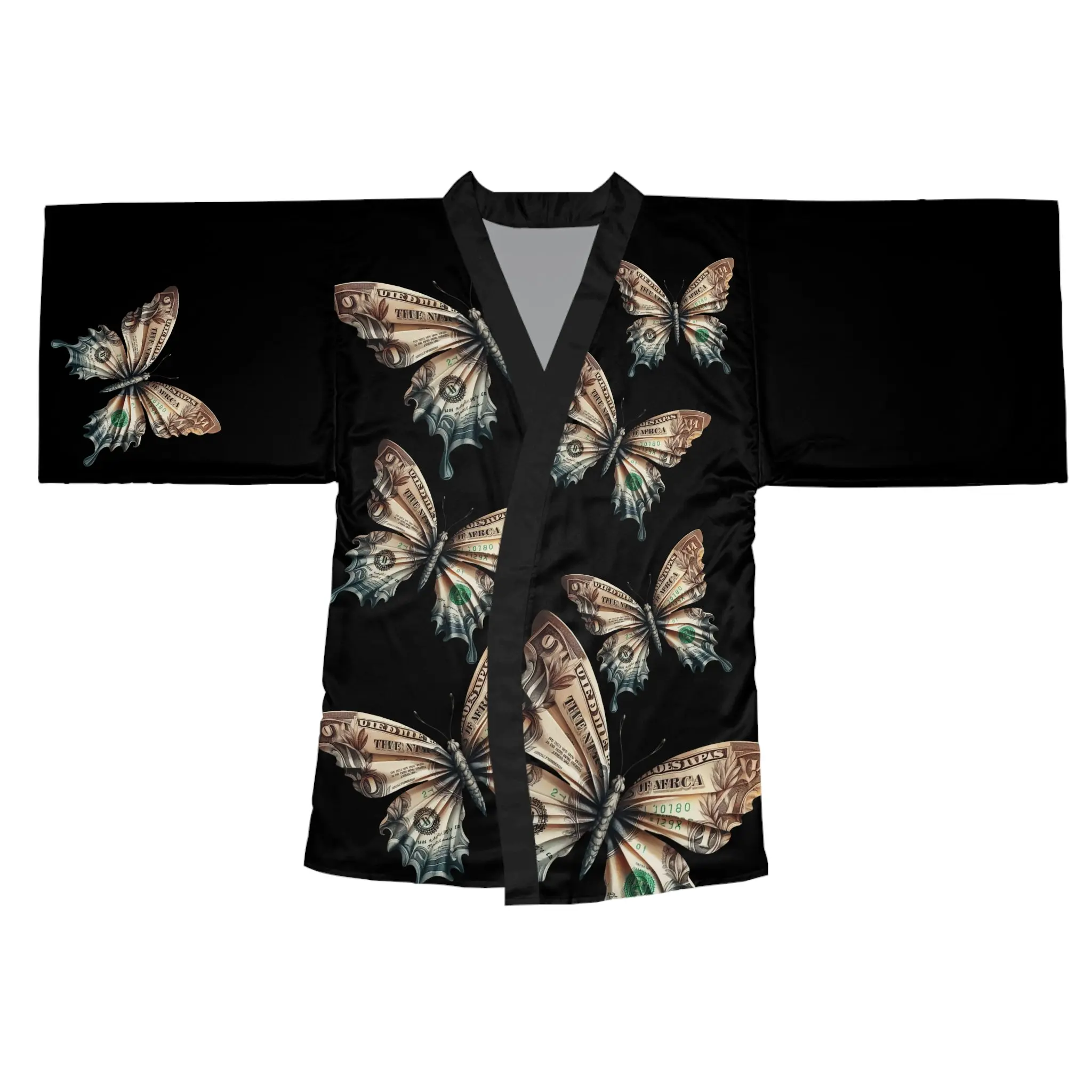 Butterfly Money Kimono Robe — Black All-Over-Print Lounge Jacket