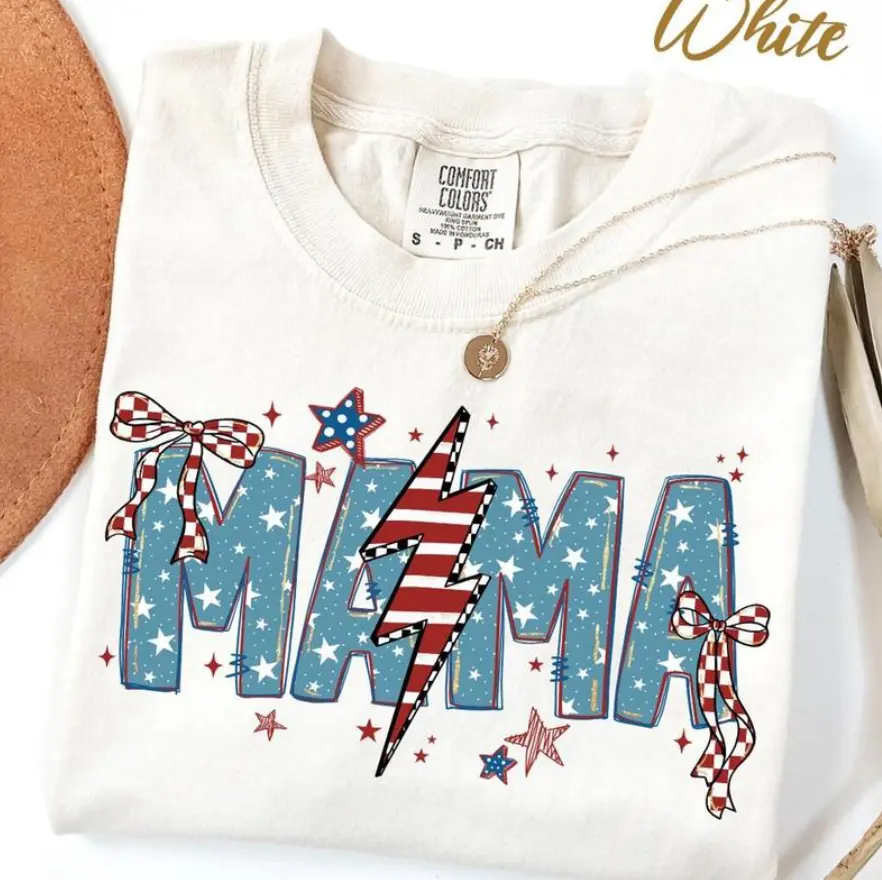 ~Comfort Colors~ Retro USA Shirt, Retro American Mama T-Shirt, Gift For Mom, 4th of July T-Shirt, American Mama, Graphic Tees Checkered and Bow