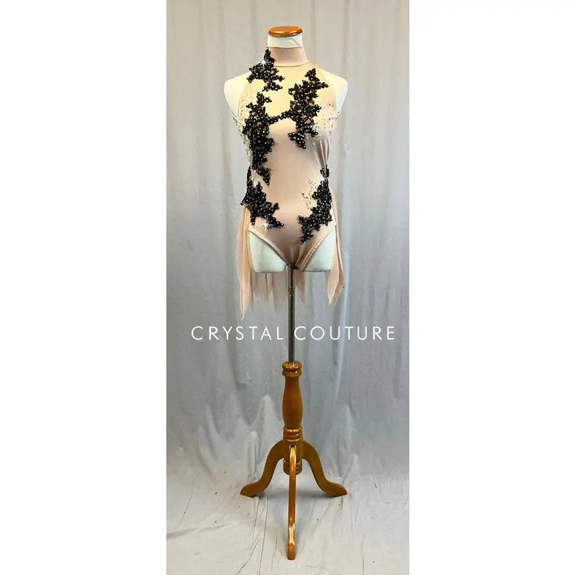 Custom Nude Leotard/Half Skirt with Black Appliques - Swarovski Rhinestones