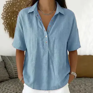 Loose four-in-one buckle lapel short-sleeved solid color shirt 2026 summer new women's clothing