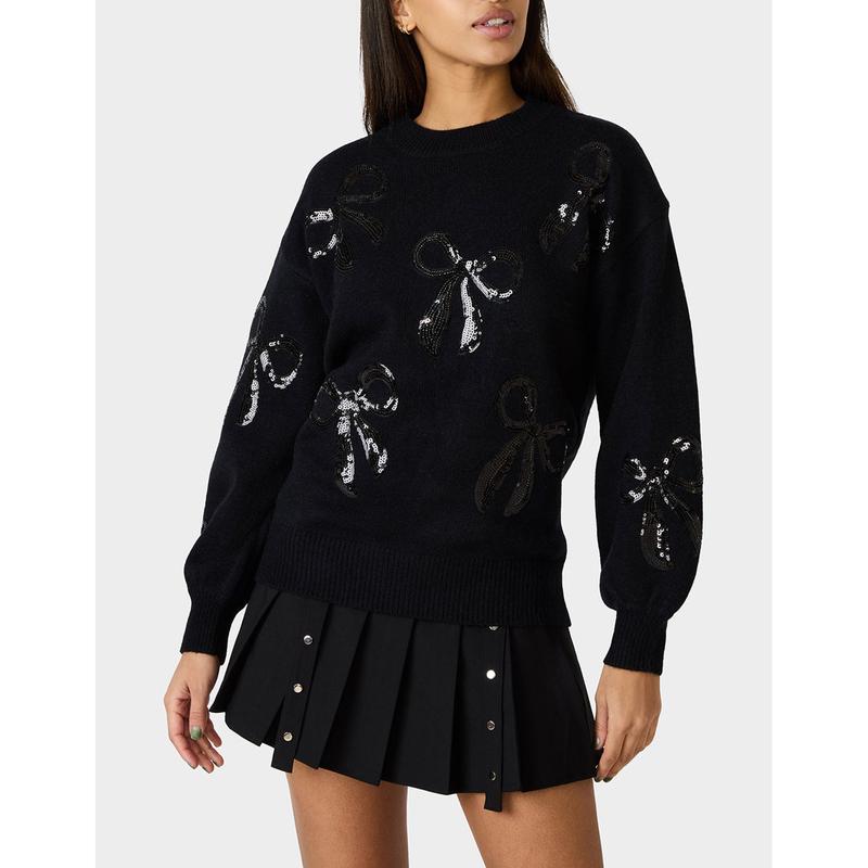 Betsey Johnson SEQUIN BOW SWEATER BLACK
