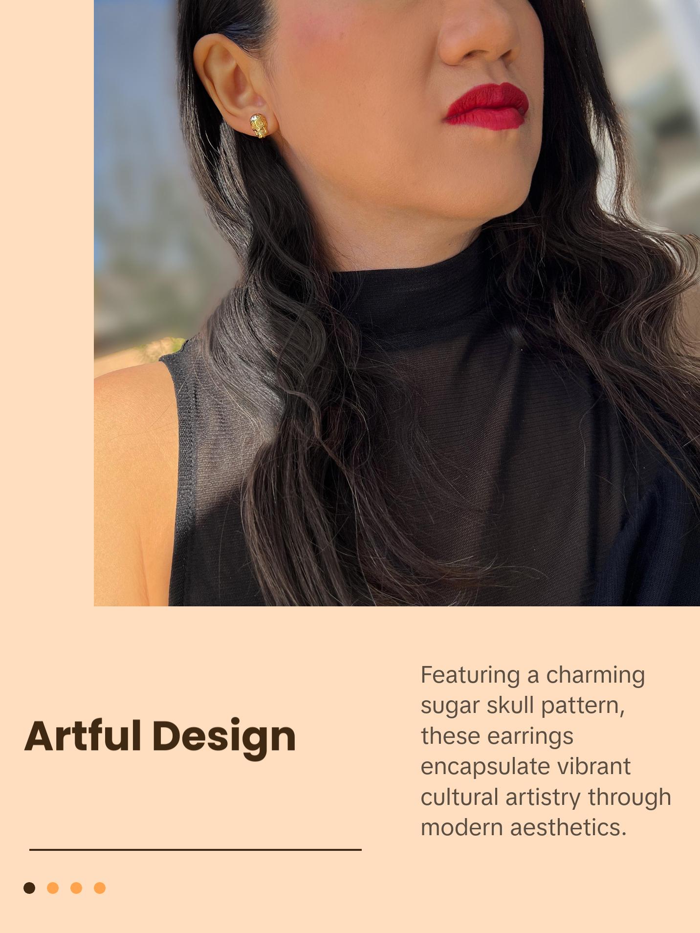 SONIA HOU Day of the Dead Skull Stud Earrings - 18K Gold Over Sterling Silver | S925 Dia De Los Muertos Chic Fashionable Exquisite Fashion Design