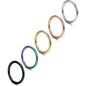 5PCS Steel Septum Rings Nose Rings Hoop Hinged Clicker Hoop Nose Rings for Women Men Cartilage Hoop Earring Lip Helix Conch Septum Nose Piercing Jewelry