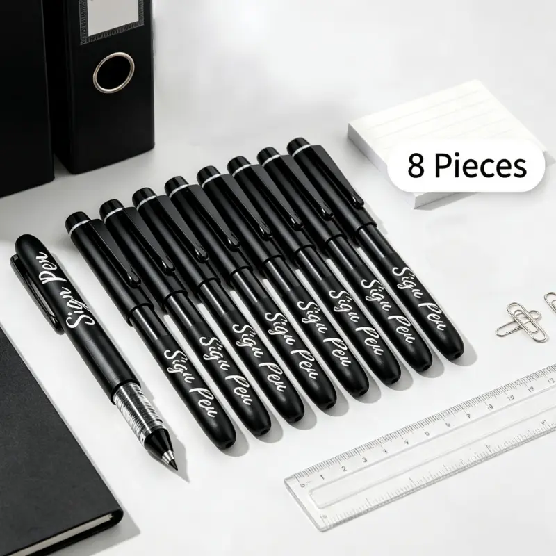 Quick Dry Fineliner Marker Pens, 8 Pack Black 1.0mm Liquid Ink Sign Pens Offering Smooth Writing for School and Office Supplies