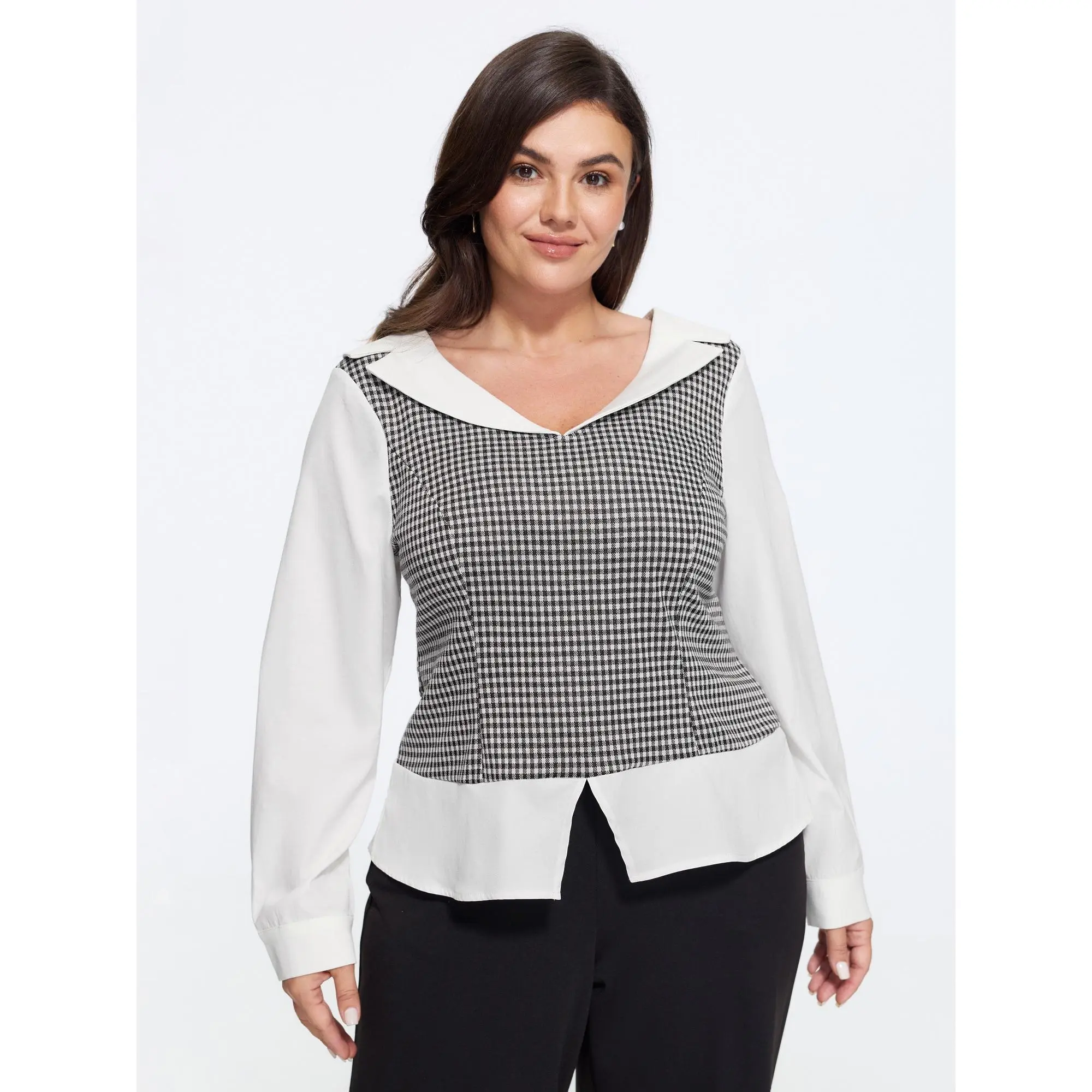 BloomChic Stretchy Lapel Neck Houndstooth Patchwork Fitted Blouse 【M-6XL】