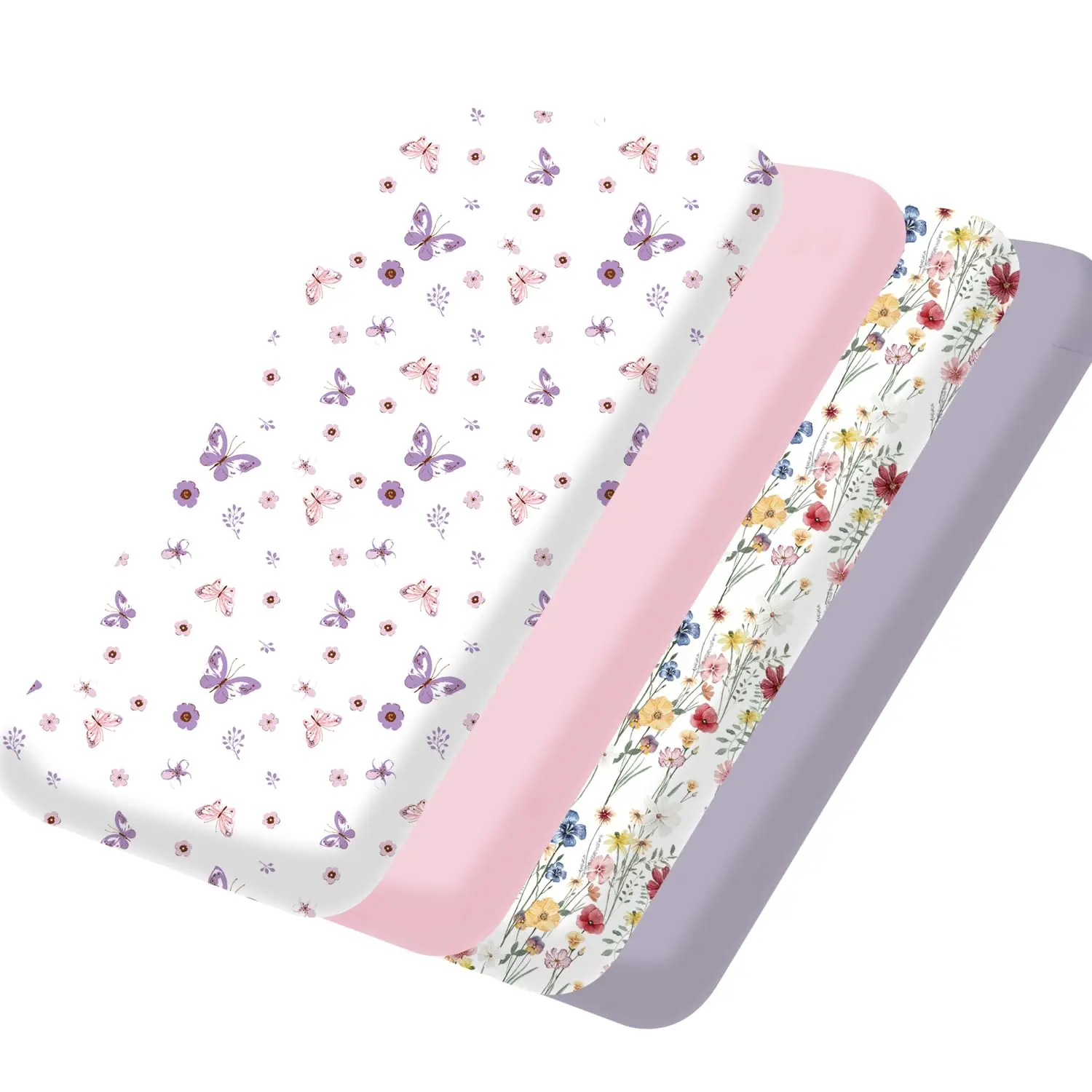 Mini  Sheets,Pack and Play Sheets for  Girl Boy 4 Pack,Size 38"x 26" for Playard Mattress,Portable Mini ,Soft Pack N Play Sheets Fitted,Butterfly/Floral//Purple