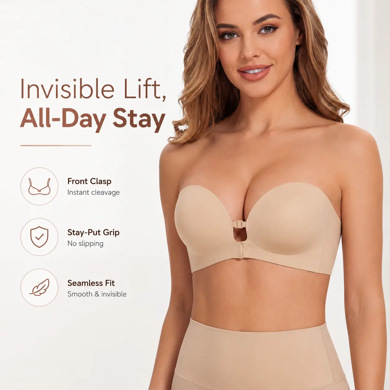 EXKIA Women’s Strapless Front Closure Bra, Wireless Push-Up Bra with Removable Straps, Non-Slip Grip, Seamless Padded Support for Off-Shoulder Dresses, A-C Cups