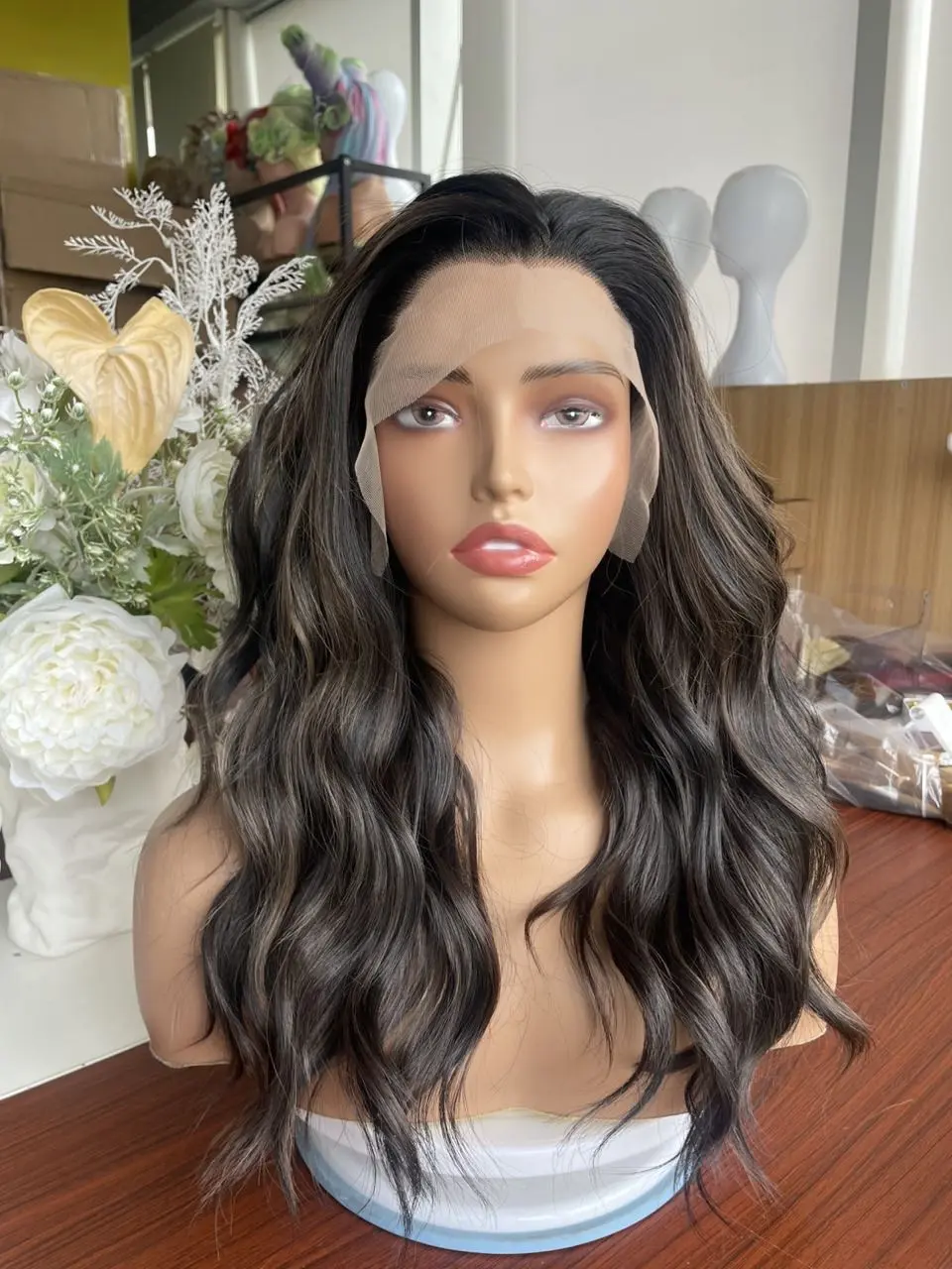 IMstyle Fannie Tea Black Brown Highlight with Rooting Light Beach Wavy Glueless Pre-plucked Natural Hairline 13*4 Lace Front Synthetic Wigs