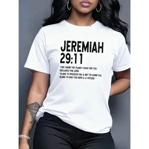 100% Cotton "Jeremiah 29:11" Inspirational Print T-Shirt - Short Sleeve Crew Neck Casual Summer Top with Scripture, Perfect for Commuting, Vacation, and Daily Wear, Multiple Colors Available, Versatile Clothing |       Inspirational Print |       Comforta