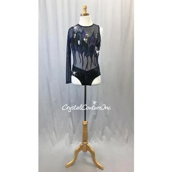 Custom Hand painted Navy Mesh & Black Lycra Leotard - Swarovski Rhinestones