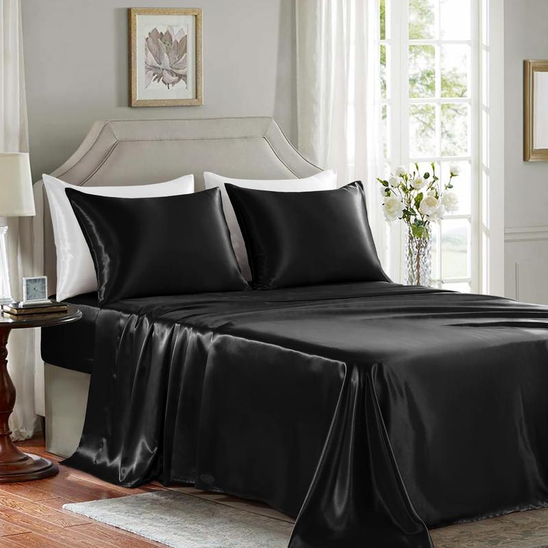 Sheets Full Size - 4 Pieces Luxury Soft Bed Sheets, Wrinkle-Free Black Silk Sheet Set with 1 Deep Fitted Sheet, 1 Flat Sheet, 2 Pillow Cases