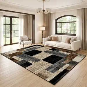 RUGIXE Machine Washable Modern Patchwork Area Rug 8x10 5x8 4x6 ft, Black Brown Wood Grain Geometric Soft Velvet Low Pile Rug with TPR Non Slip Backing, Comfortable Durable Wear Resistant Floor Carpet for Living Room Bedroom Office
