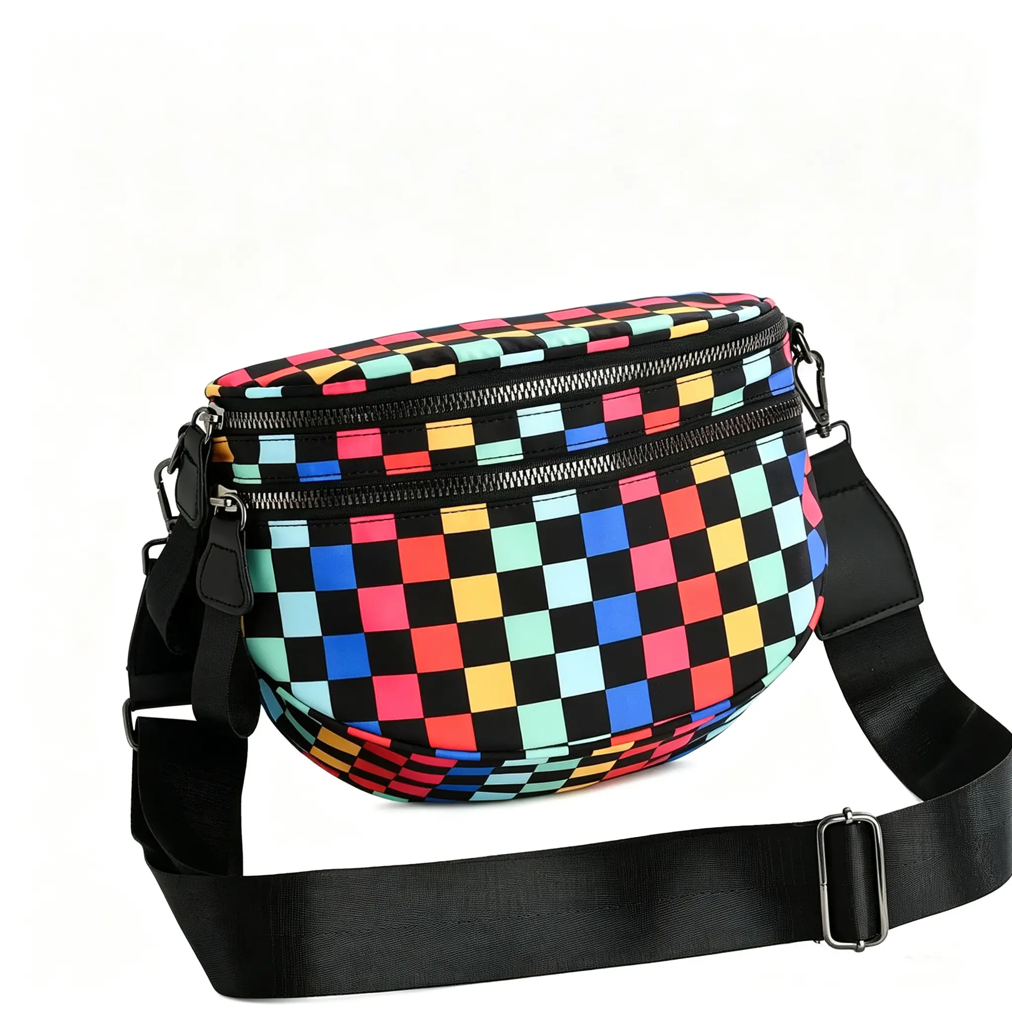 [CC SHOP]Rainbow Checkered Waist Fanny Pack ,Wide Adjustable Strap Crossbody Sling Chest Bag