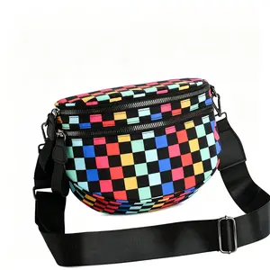 [CC SHOP]Rainbow Checkered Waist Fanny Pack ,Wide Adjustable Strap Crossbody Sling Chest Bag