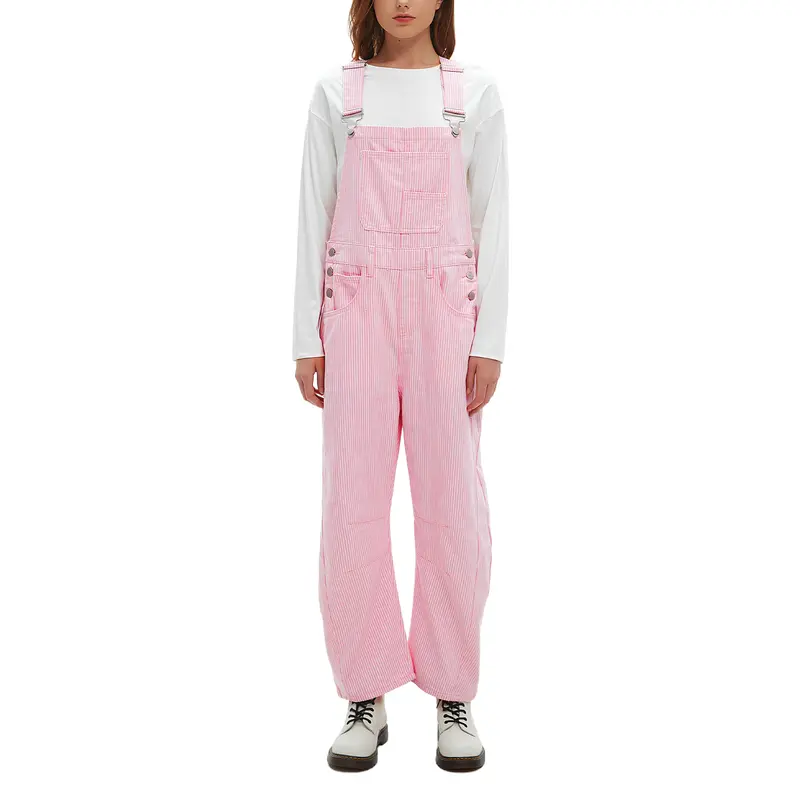 D-Sun Preppy Lady's Sleeveless Square Neck Striped Bib Overalls - Adjustable Straps, Blend Fabric, Stretch, Fitted Buttons, Casual Wide-Leg/Tapered Jumpsuits, Multi-Season Work/Holiday Wear, Bib Detail