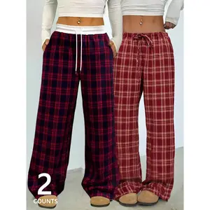 Women's Plaid Sweatpants Set, Casual Loose Fit, Fashion Streetwear, Drawstring Waist, All Seasons, Youthful Style, Versatile