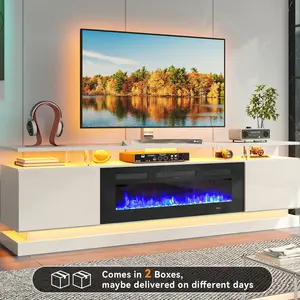 【2 Packages Shipping】oneinmil 70" Fireplace TV Stand, Modern Entertainment Center for TVs Up to 80”, TV Console with Storage Cabinets, Media Console for Living Room, White TV Stand and White Fireplace 5