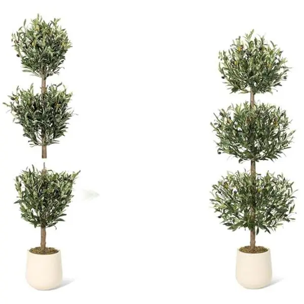 150cm Mediterranean Decorative Realistic Artificial Olive Plant Ornaments - Set of 2, 3-Tiered Spherical Shape, Large Olives, Green Leaves, Moss, White Pot, Low-Maintenance for Living Room, Office, Bohemian