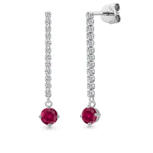 Gem Stone King 14K White Gold Red Created Ruby and Lab Grown Diamond Dangle Earrings for Women | 1.16 Cttw | Gemstone July Birthstone | Round 4.5MM