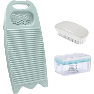 Wash Board For Hand Washing Clothes, Plastics Laundry Scrub Board Household With Holder Portable (light blue+multifunctional soap dish+soft bristle brush)