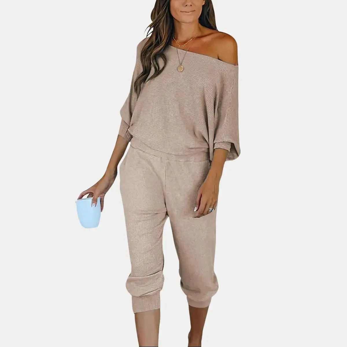 PrettyGarden Women's 2-Piece Set Off Shoulder Ribbed Tracksuit Long Sleeves Pullover Plus Size with Pockets for Spring Outfit#falltok
