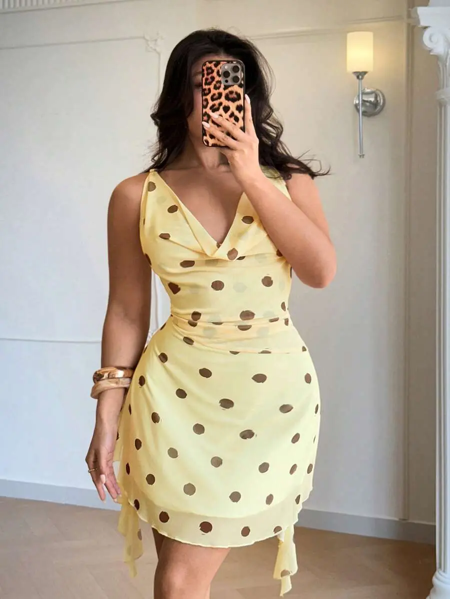Curvera x Auralis Plus Size Women's Yellow Summer Print Classy 90s 1950s Vintage Vacation Mini Dress, Personalized Chic Sexy Elegant Y2K Style For Party, Bar, Prom