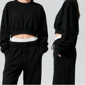Women's Black 2 Piece Matching Set Cropped Crew Neck Sweatshirt Wide Leg Drawstring Sweatpants Casual Loungewear Athleisure Streetwear Outfit