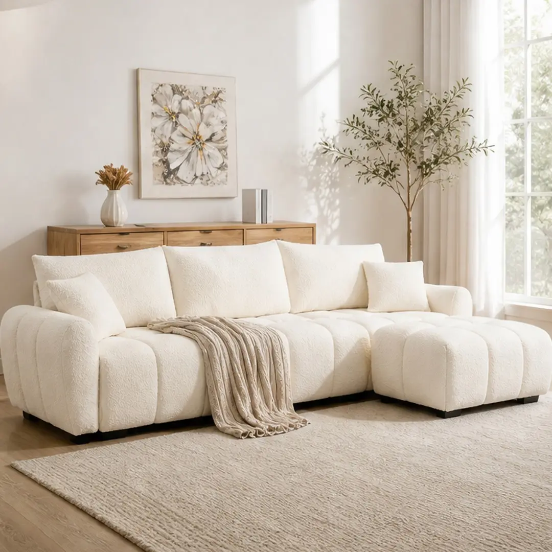 ARCH 110" 4-Seat Modular L-Shape Sectional Comfy Couch - Boucle Textured Weave Fabric, Extra-Large Pull-Line Seat, Movable Ottoman, High-Density Foam, Sturdy Wood and Metal Frame, Modular Units, Cream/Green/Orange Options, Living Room Use
