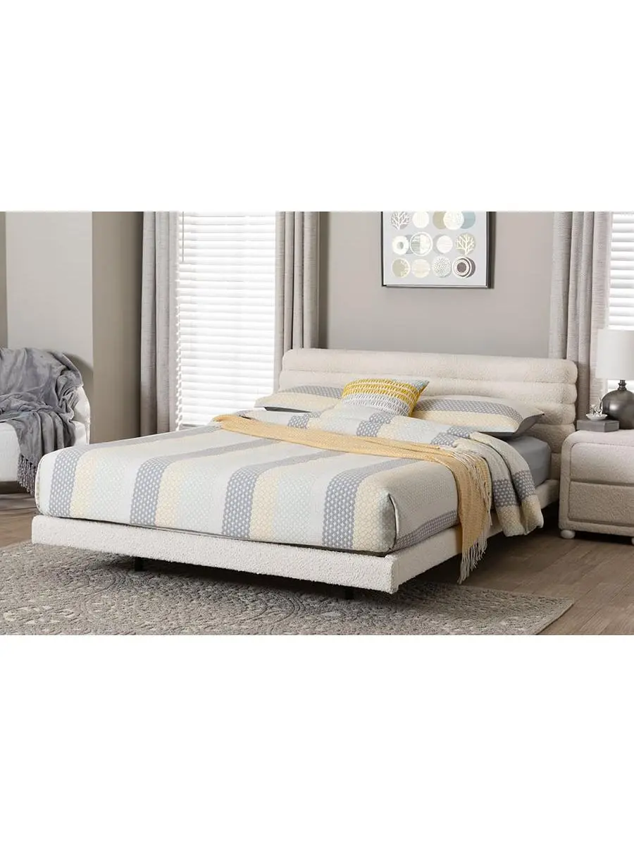 212 MAIN Alfie Boucle Queen Size Floating Platform Bed - Modern Upholstered Bed with Channel Tufted Headboard, Low Profile Geometric Floating Base, Cream & Black Minimalist Decor, 500 lbs Durable Metal Frame (32.10" H X 64.40" W X 91.70" D) 146 lbs Capaci