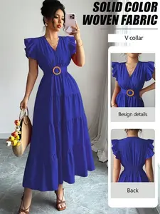 Women's Shirred Floral Patchwork Dress | Ruffle Trim Belted Waist Slim Outfit | Elegant Party Dress