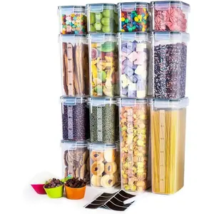 Airtight Food Storage Containers with Lids, Clear Pantry Canister Set for Kitchen Organization, Stackable Organizers for Food, BPA Free Plastic 14-Pack with Different Sizes Dark Gray Utensils Tin