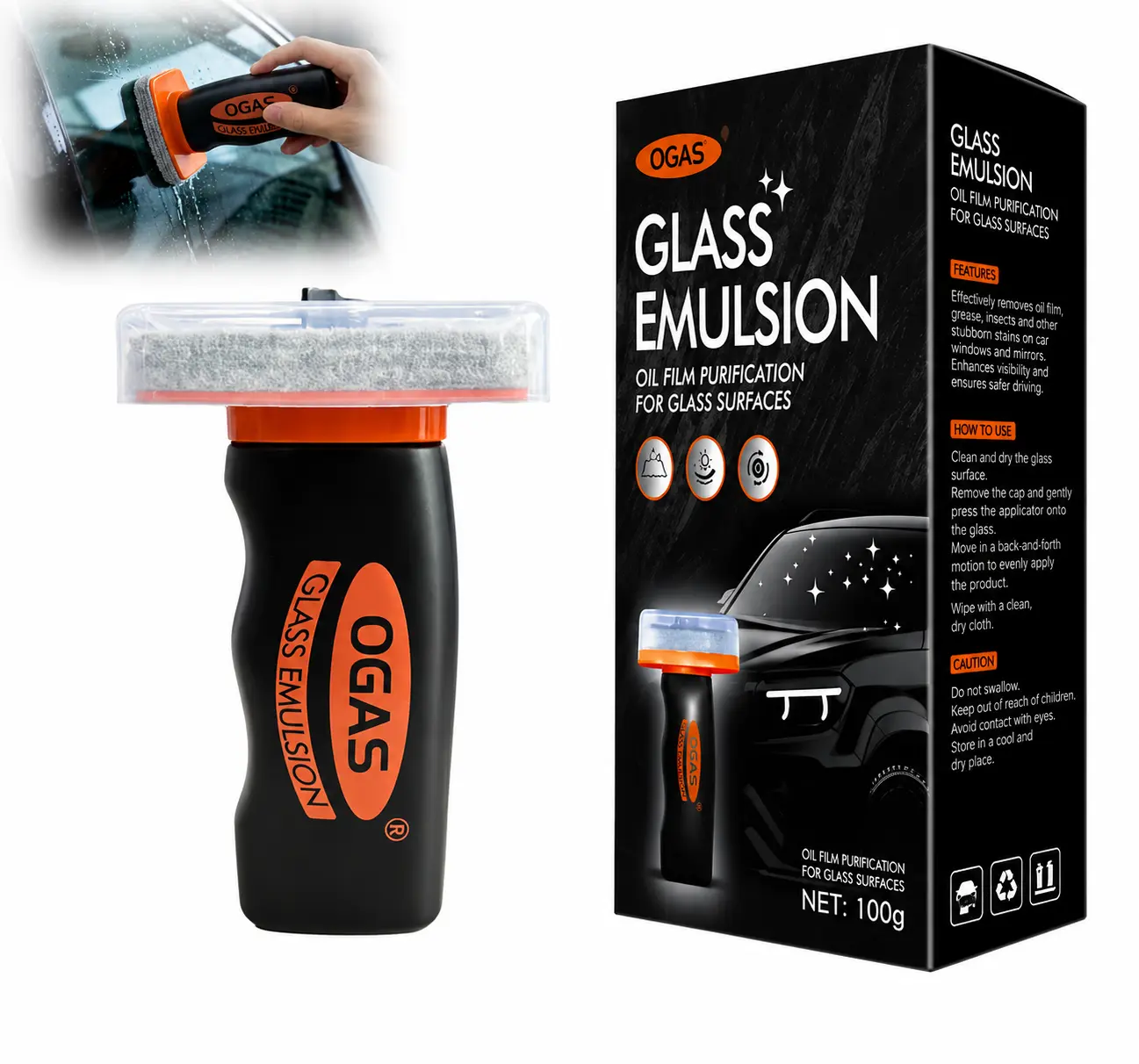 OGAS Automotive Handheld Oil Film Remover Cream - 100g Car Window Cleaner, Streak-Free Anti-Fingerprint Paste, Fast Cleaning Glass Decontamination, Heavy Duty Residue Removal Degreaser for Car Windshields, Compact Carry Auto Glass Solution