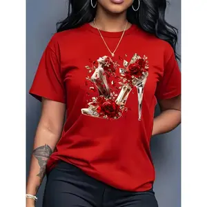 Women's Vibrant Red Crystal High Heel Rose Graphic Print Crew Neck T-Shirt Breathable Machine Washable Medium Stretch Casual Tee for All Season Wear