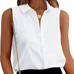ZEAGOO Women's Sleeveless Button Down Shirts Blouses Solid Casual Loose V Neck Tank Tops for Work S-XXL Collared Soft