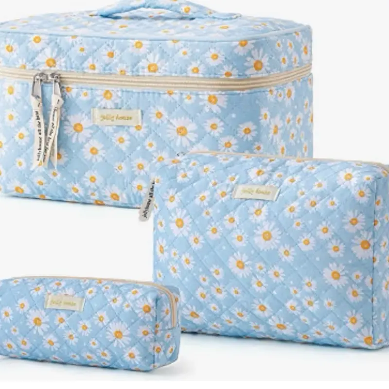 HBselect Quilted Makeup Bag, 3Pcs Cotton Large Travel Makeup Bags Organizer Cute Floral Make up Bag Cosmetic Bag Toiletry Bag for Women Girls, Makeup Pouch for Skincare, Brushes & Travel Essentials