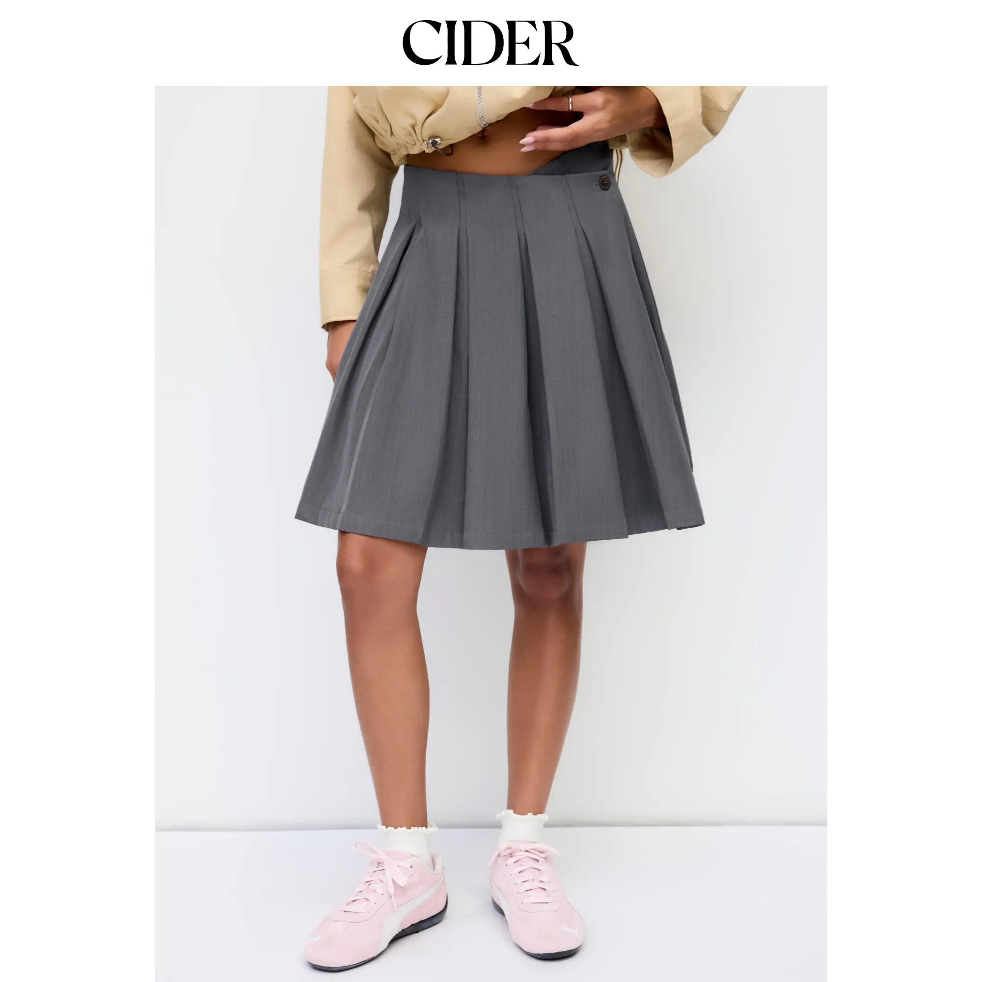 Cider [size 2-10] Mid Rise Pleated Asymmetrical Hem Midi Skirt