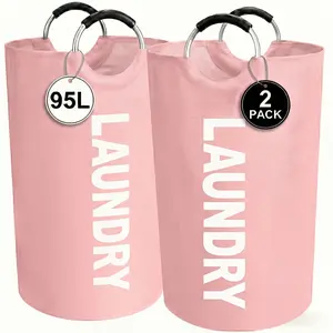 2pcs Large Laundry Basket | Foldable, Elevated, High Quality With Half Ring Handle Design | Color: Pink + Pink (25.1gal Large Capacity)
