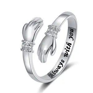 "Always in My Heart" Hugging Hands Open Ring, Silver Plated Adjustable Promise Ring with Zircon Accents, Romantic Love Jewelry for Couples, Perfect Gift for Lovers, Meaningful Hug Ring for Women         ？ ？