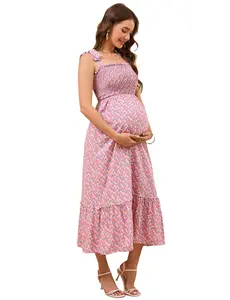 FINAL CLEARANCE! Maternity Spaghetti Strap Smocked Boho Midi Dress | Last Sizes Left, Final Sale