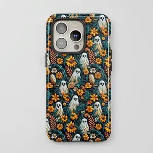 Hide and Go Spook Clay Look Ghosts in Flowers Phone Case – Monogrammed Tough Iphone 16 Pro Max Case | Gift for Dad & Mom Vintage Pattern