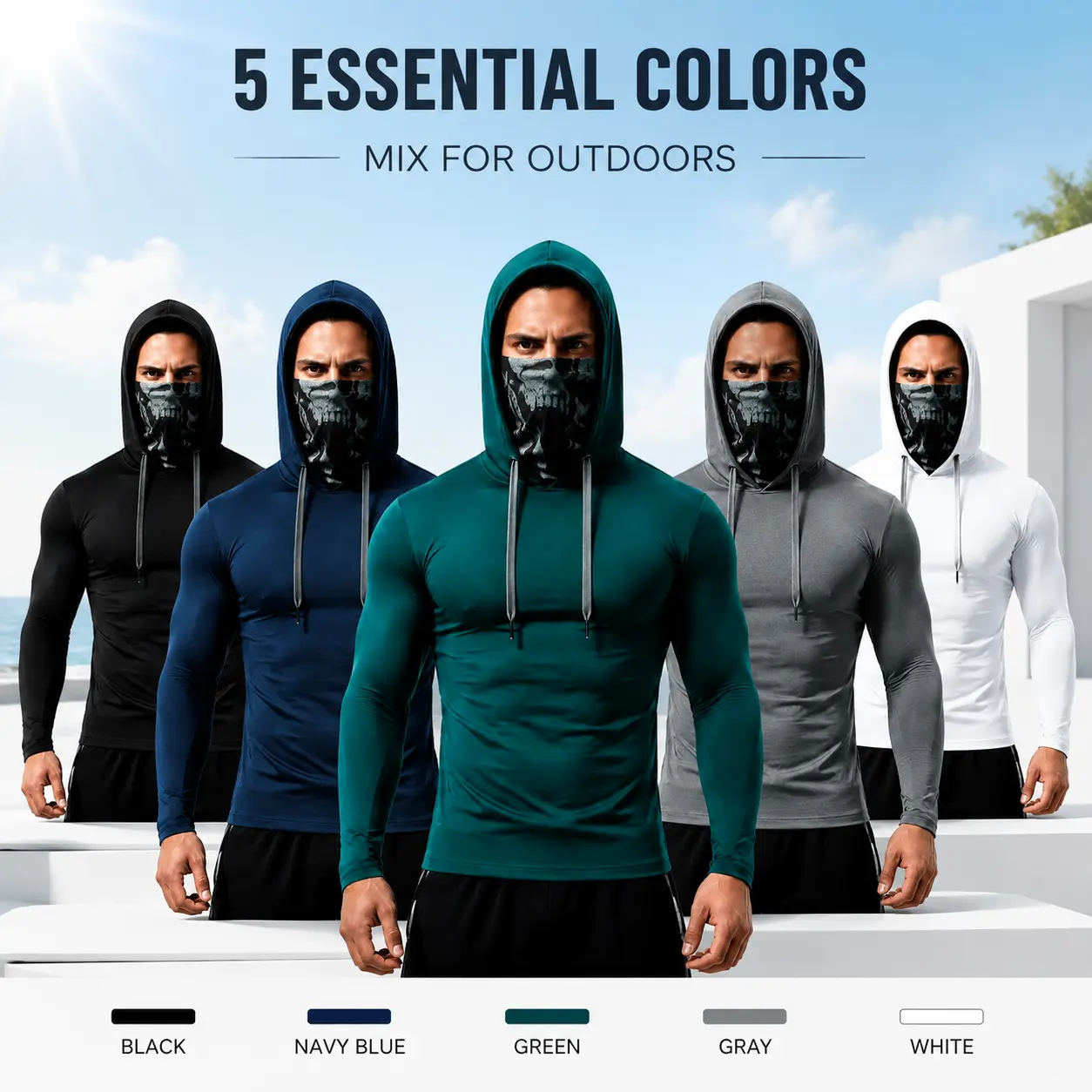 ¡Órale! 5‑color hooded sun shirt bundle – black, navy, green, gray, white. Breathable, light, adjustable drawstring. Perfect for fishing, hiking, all‑day outdoor. Grab it and stay protected!