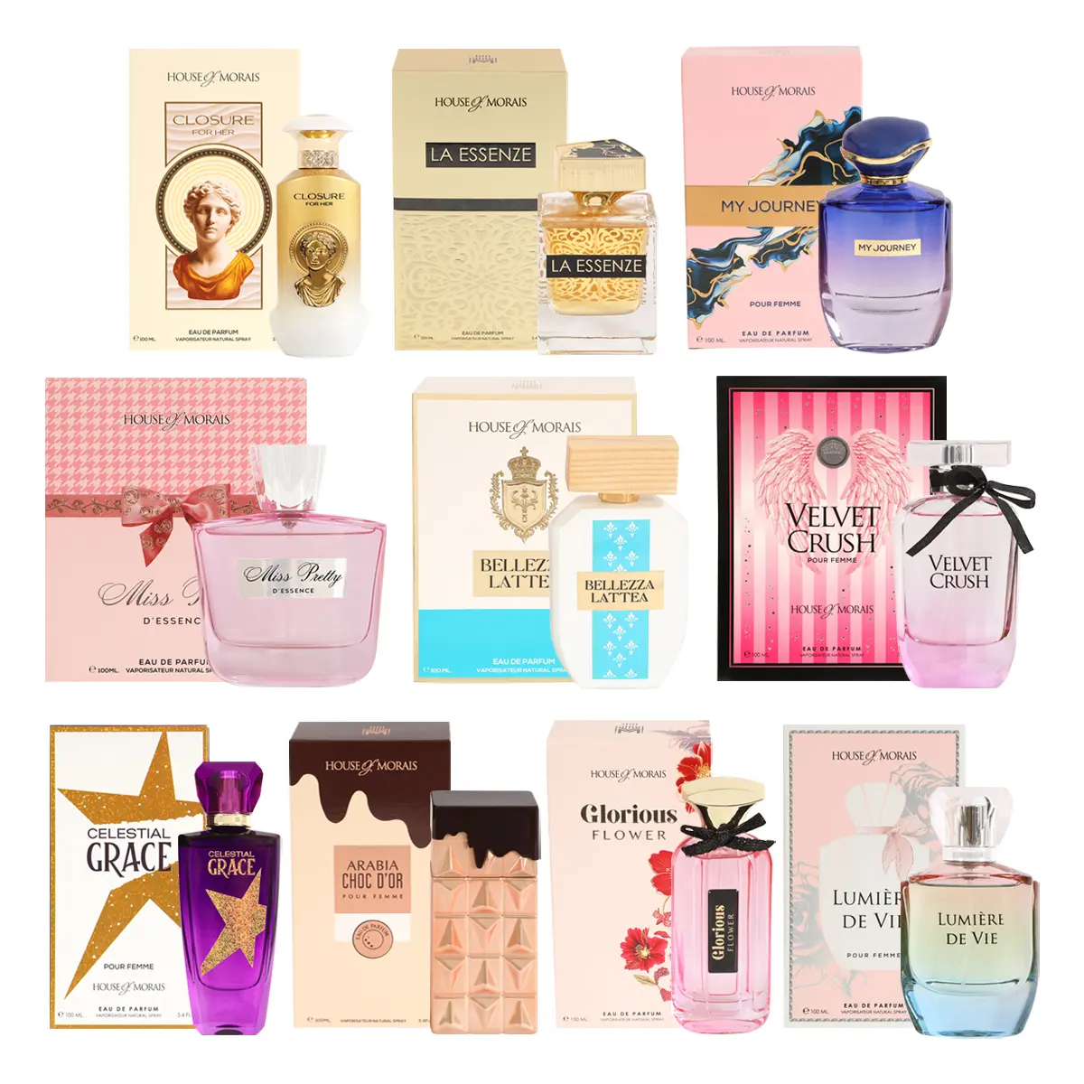 House of Morais Women's Creator Package 5 - Closure(HM036), My Journey(HM016), La Essenze(HM031), Bellezza Lattea(HM021), Miss Pretty(HM038), Velvet Crush(HM017), Celestial(HM014), Arabia(HM032), Glorious(HM013), Lumiere De Vie(HM015) Eau De Parfum 100Ml