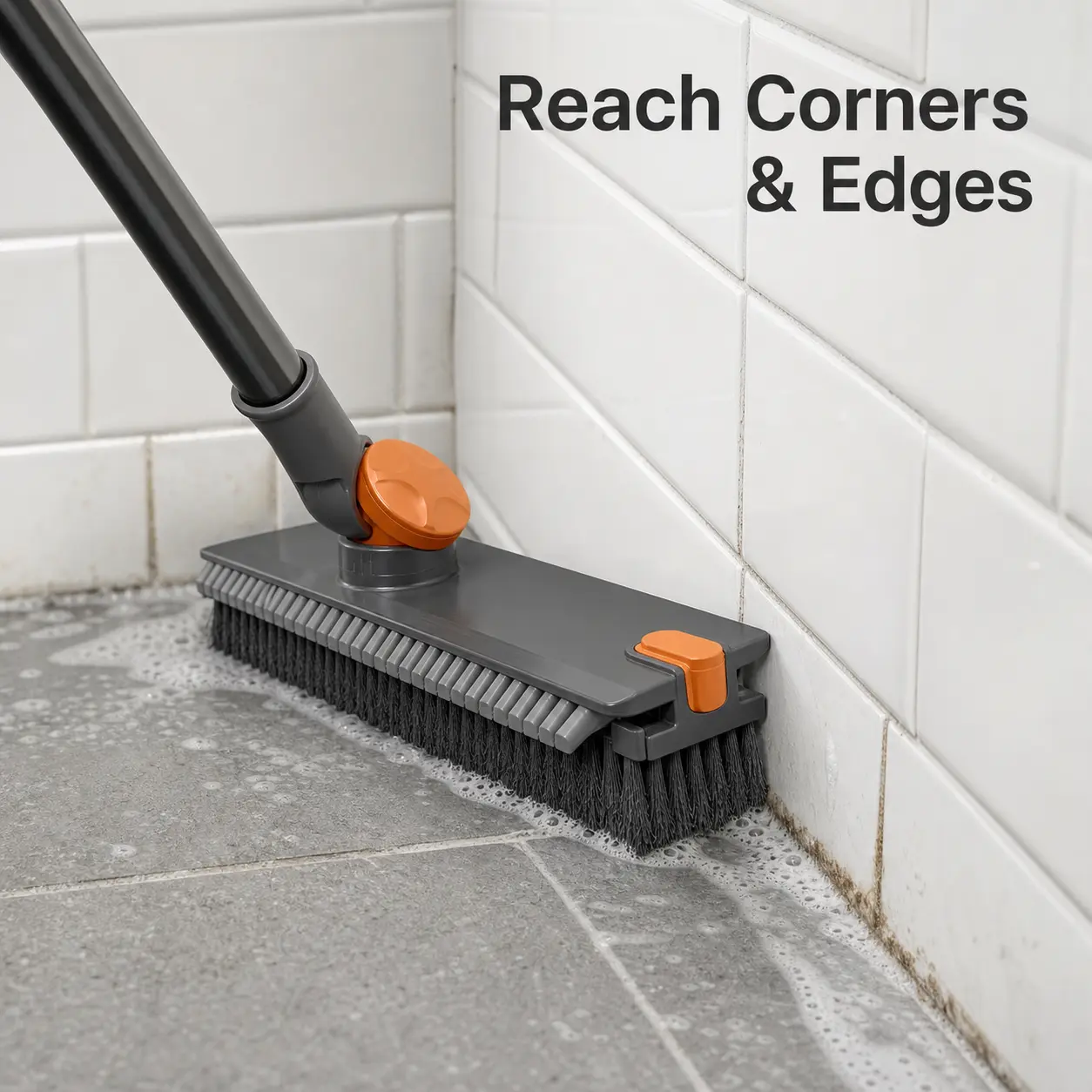 3-in-1 Floor Scrub Brush with Long Handle, Heavy-Duty Stiff Bristle Scrubber with Silicone Squeegee and Hair Removal Clip, 360° Rotating Head and Adjustable Stainless Steel Handle for Shower, Bathroom, Tile, Grout, Patio, Deck and Garage
