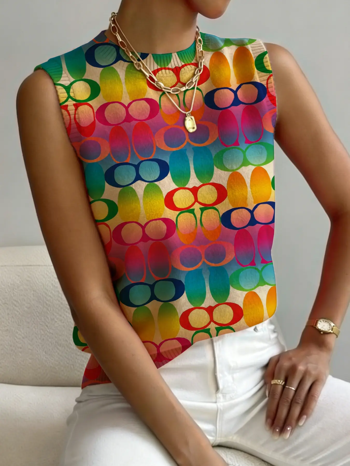 Women's Geometric Pattern Colorblock Fitted Sweater, Chic Casual Sleeveless Short Knit Top, Comfortable Warm Clothing for Spring Summer Fall, Lady Womenswear Piece
