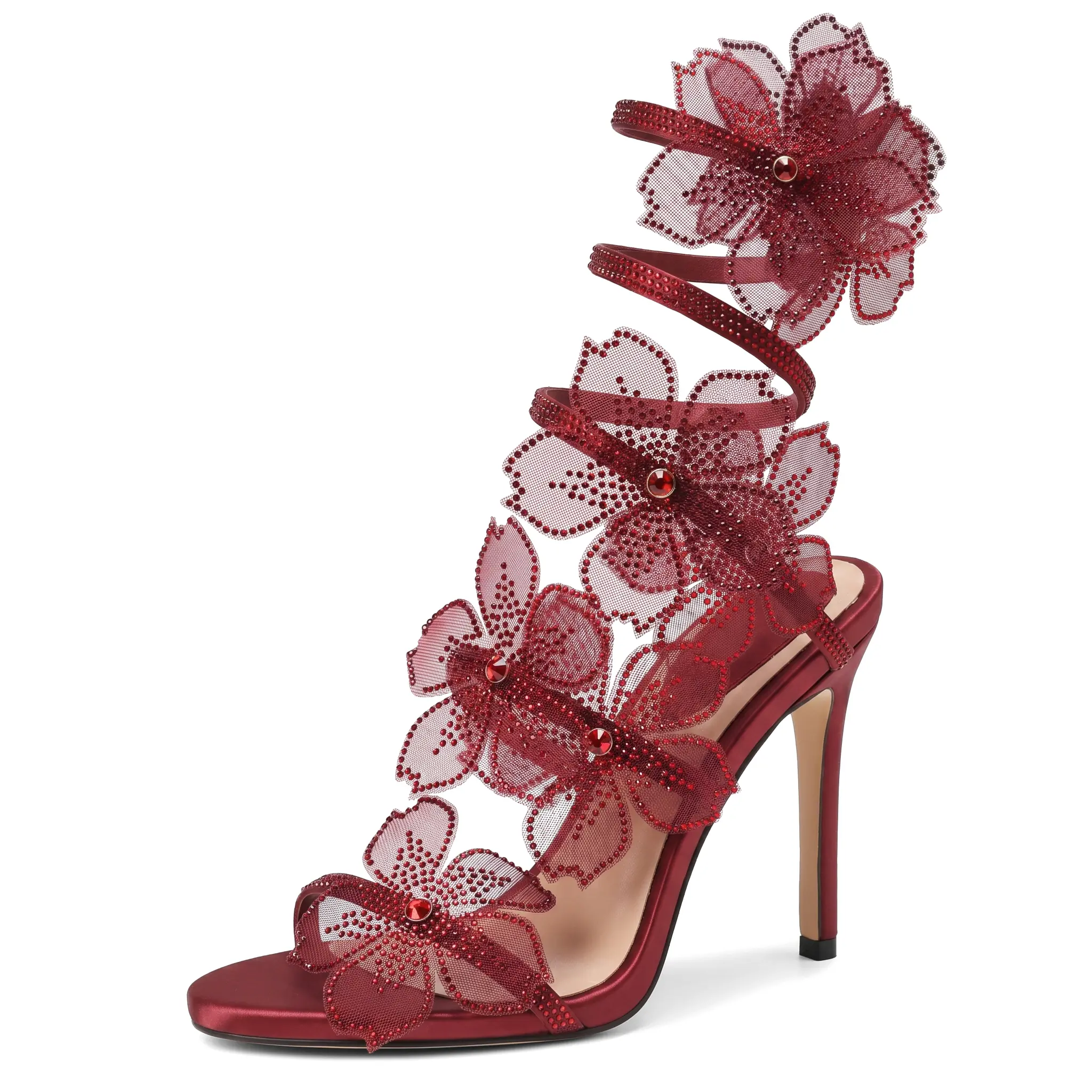 Custom Made Womens Burgundy Open Toe High Heel Sandals with Flower Spiral Ankle Strap Lace Up Stiletto Heels Elegant Formal Dress Shoes for Party Wedding Cocktail Prom Bridesmaid Evening Comfortable Heels